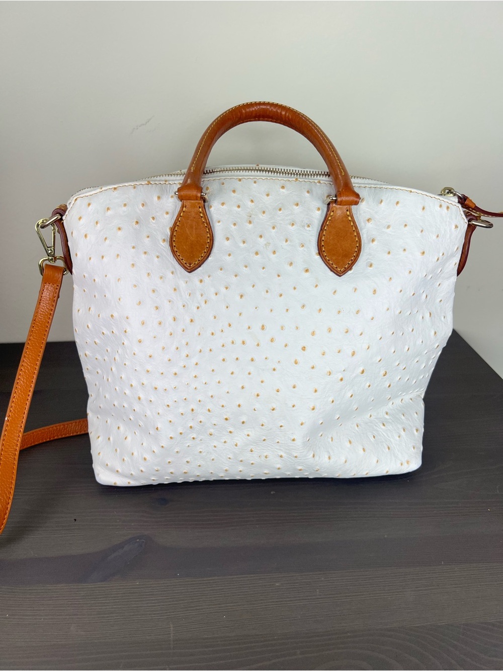 Dooney & Bourke White Ostrich Embossed Leather Satchel Tote Bag - Picture 5 of 16